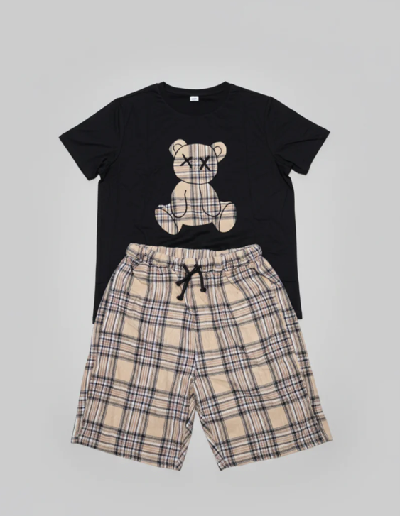 Youth Plaid Shorts & Bear Graphic Tee Pajama Set