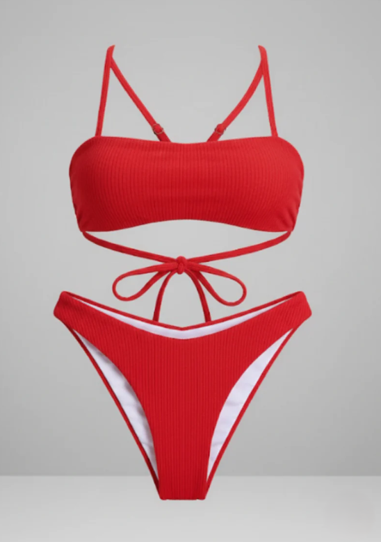 Striking Red Ribbed Bandage Bikini Set
