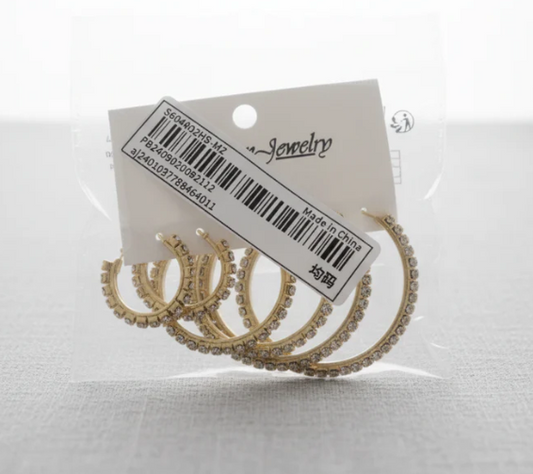 3-Pair Set of Graduated Hoop Earrings with Pave/Rhinestone Accents