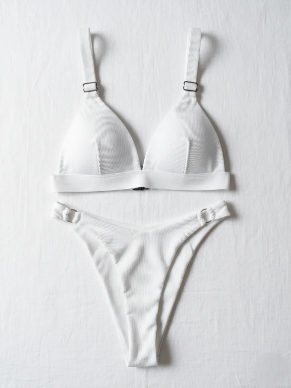 Chic White Ribbed High-Waist Bikini Set