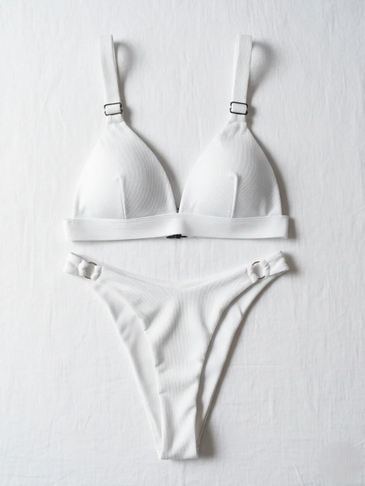 Chic White Ribbed High-Waist Bikini Set
