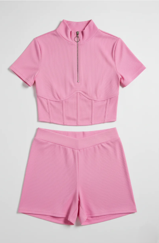 Trendy Pink Ribbed Quarter-Zip Crop Top & Shorts Se