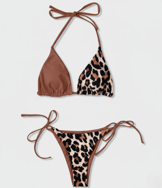 Sleek Leopard Print High-Cut Thong Bikini Set