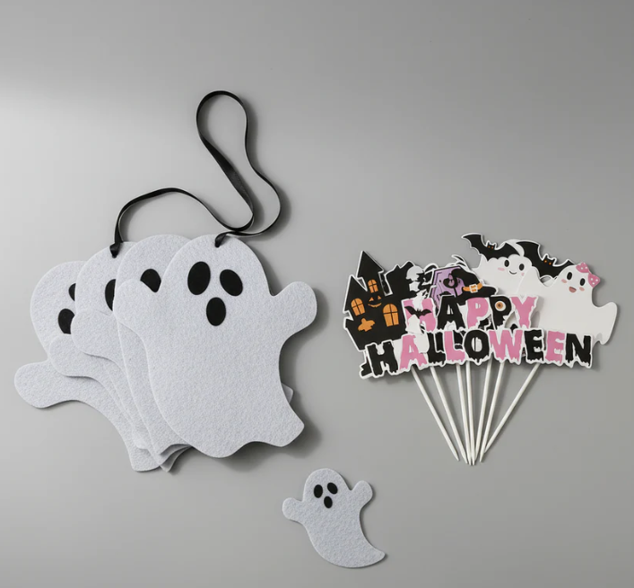 Spooky Felt Ghost Garland and Happy Halloween Cake Toppers Set