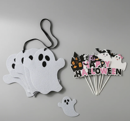 Spooky Felt Ghost Garland and Happy Halloween Cake Toppers Set