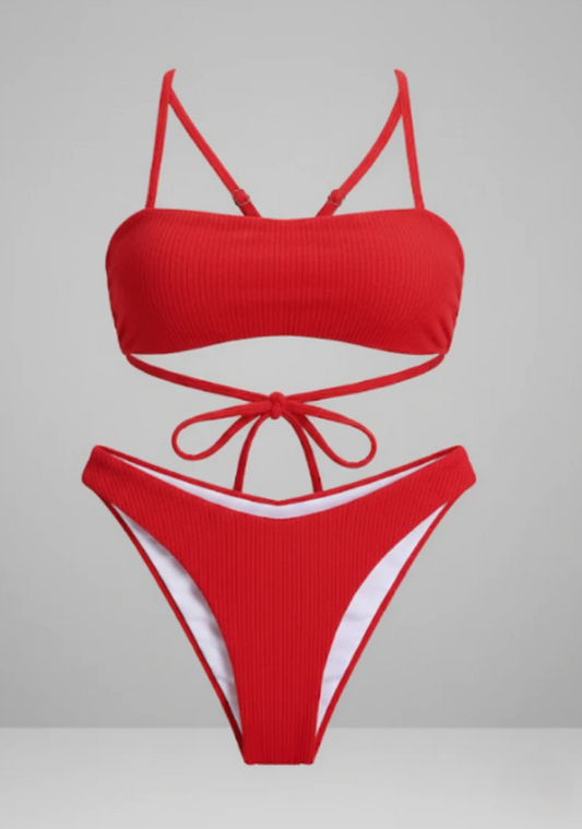 Striking Red Ribbed Bandage Bikini Set