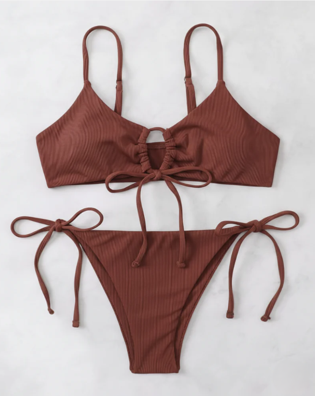 Chic Rust Ribbed Tie-Front Bikini Set