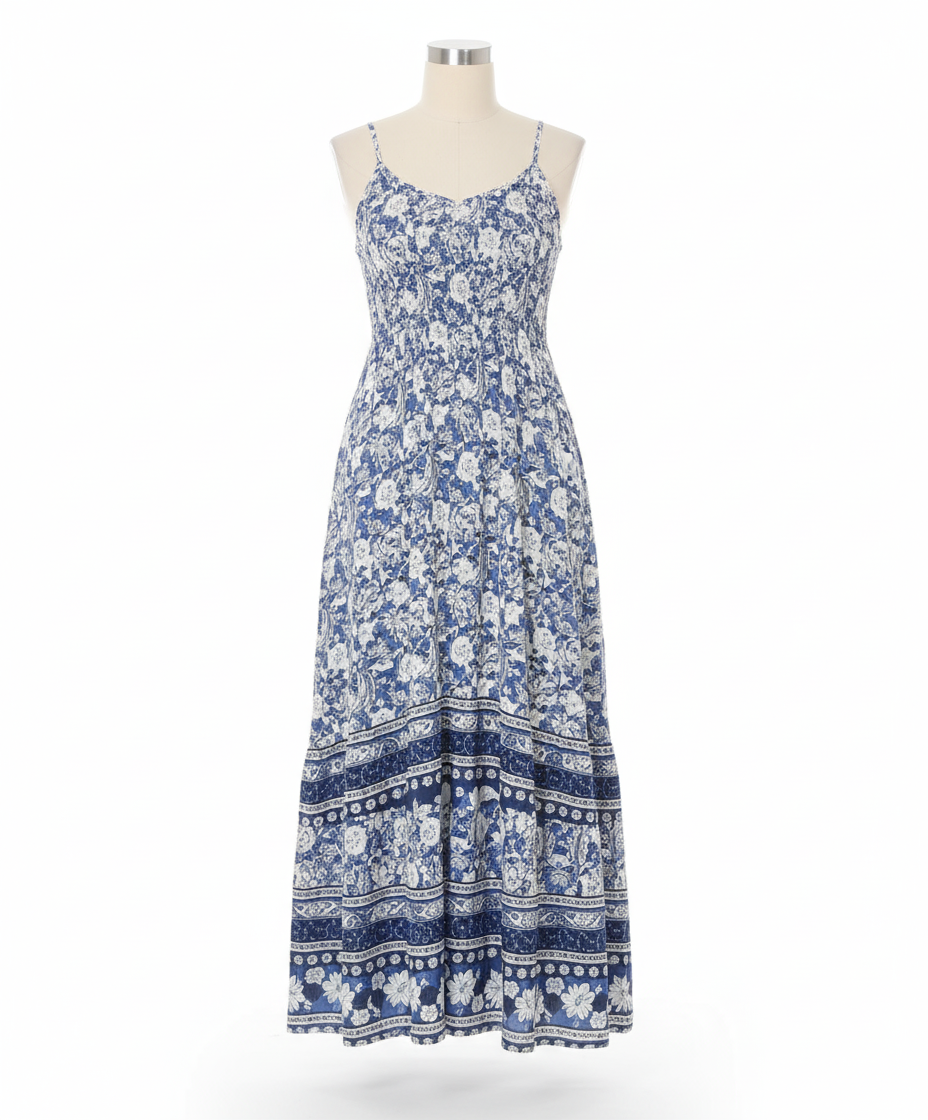 Boho Blue & White Spaghetti Strap Maxi Summer Dress