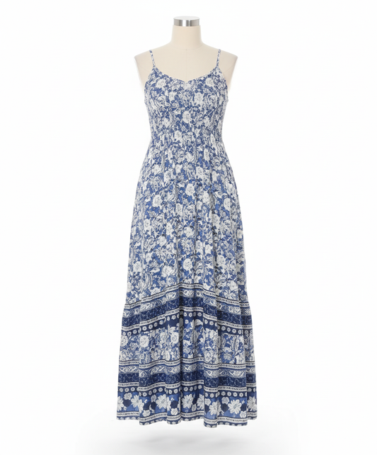 Boho Blue & White Spaghetti Strap Maxi Summer Dress